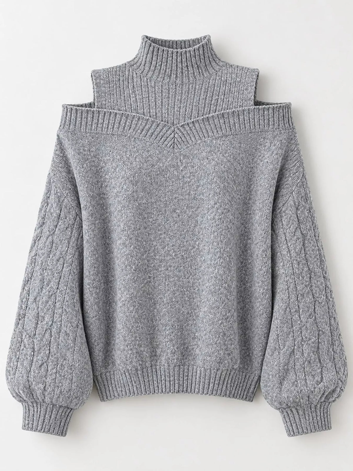 Gray cold shoulder mock neck cable knit sweater, front view