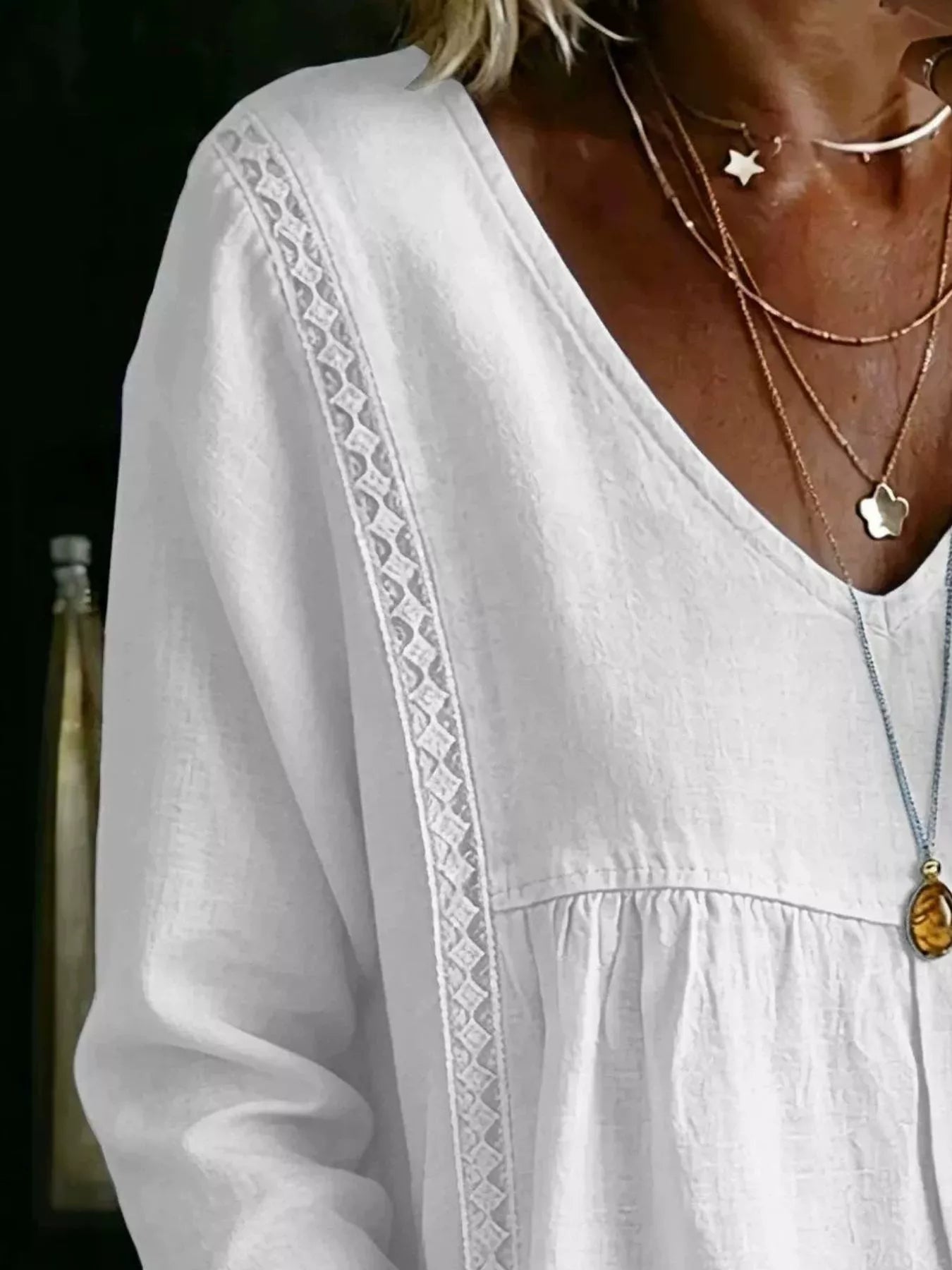 Trendsi Full Size V-Neck Lace Trimmed Long Sleeve Blouse Plus Size -