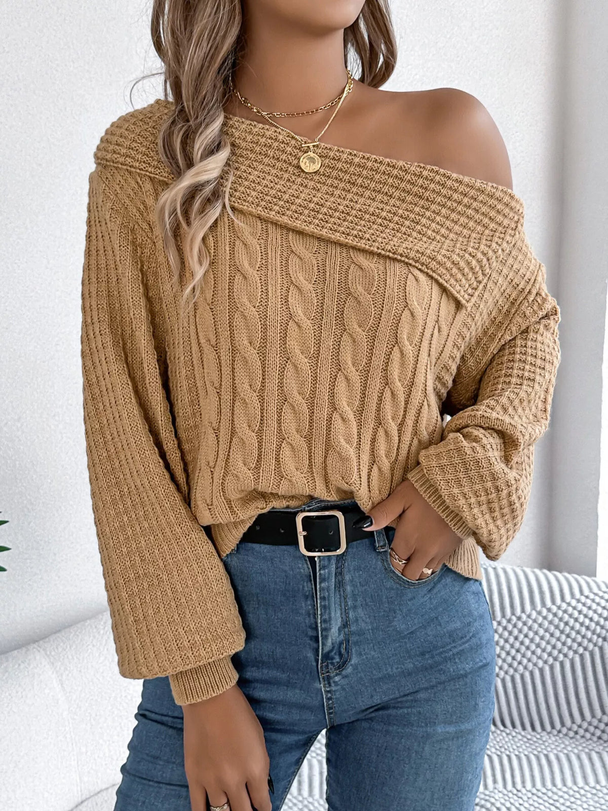 One Shoulder Cable Knit Sweater in camel, front view