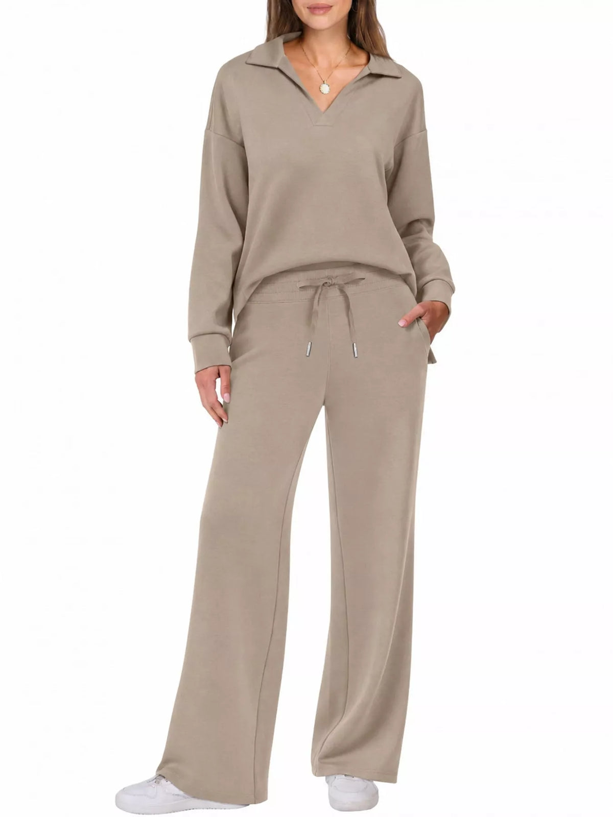 Top and drawstring pants set, taupe front