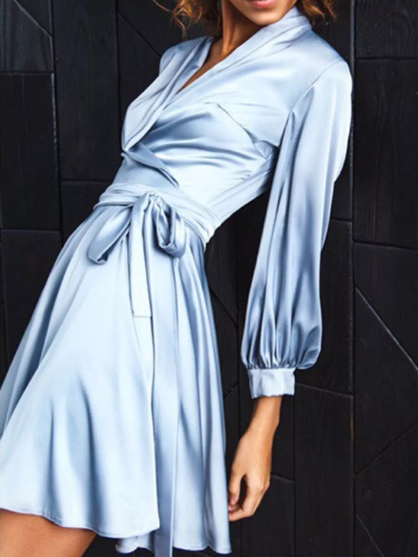 Trendsi Satin Surplice Long Sleeve Mini Dress -