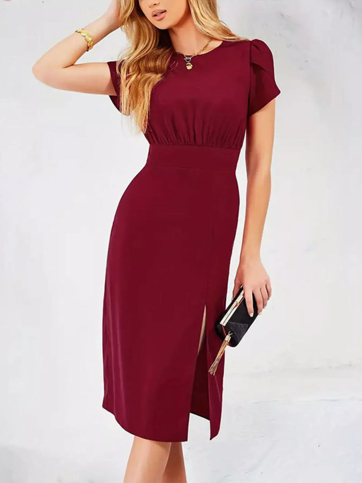Burgundy slit round neck midi dress, front view