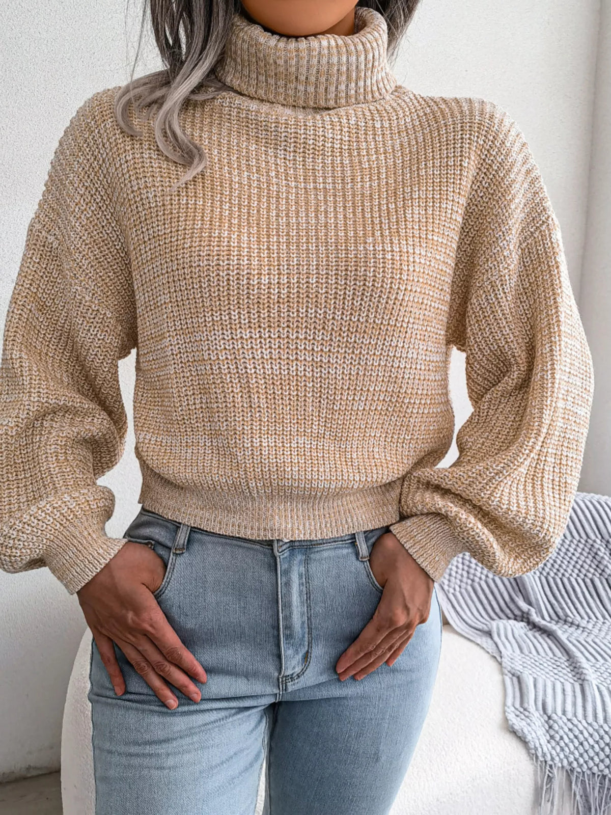 Turtleneck Dropped Shoulder Sweater in beige, front view
