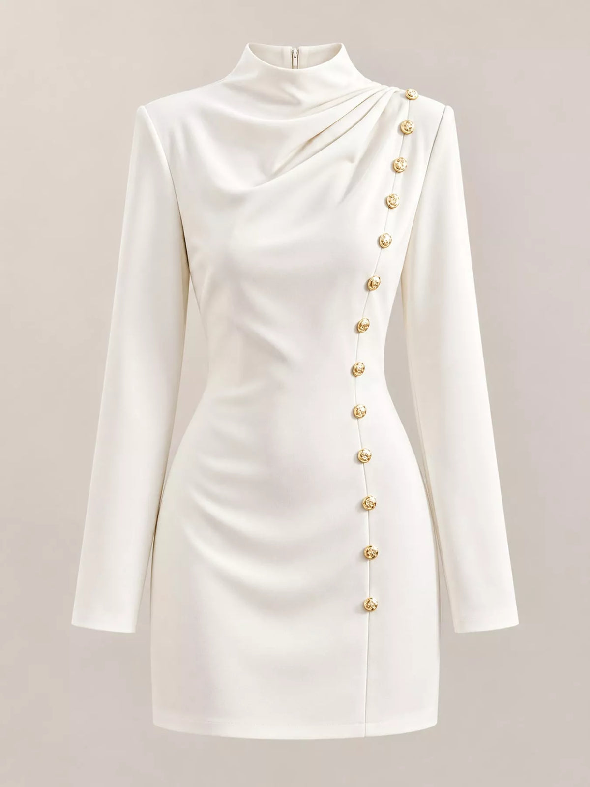 White decorative button mock neck mini dress