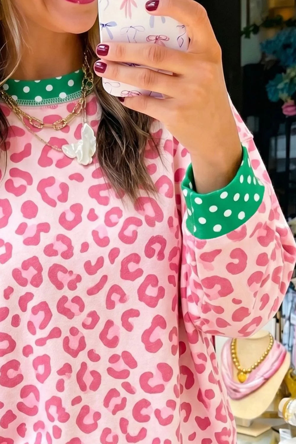 Trendsi Leopard Polka Dot Trim Round Neck Sweatshirt -
