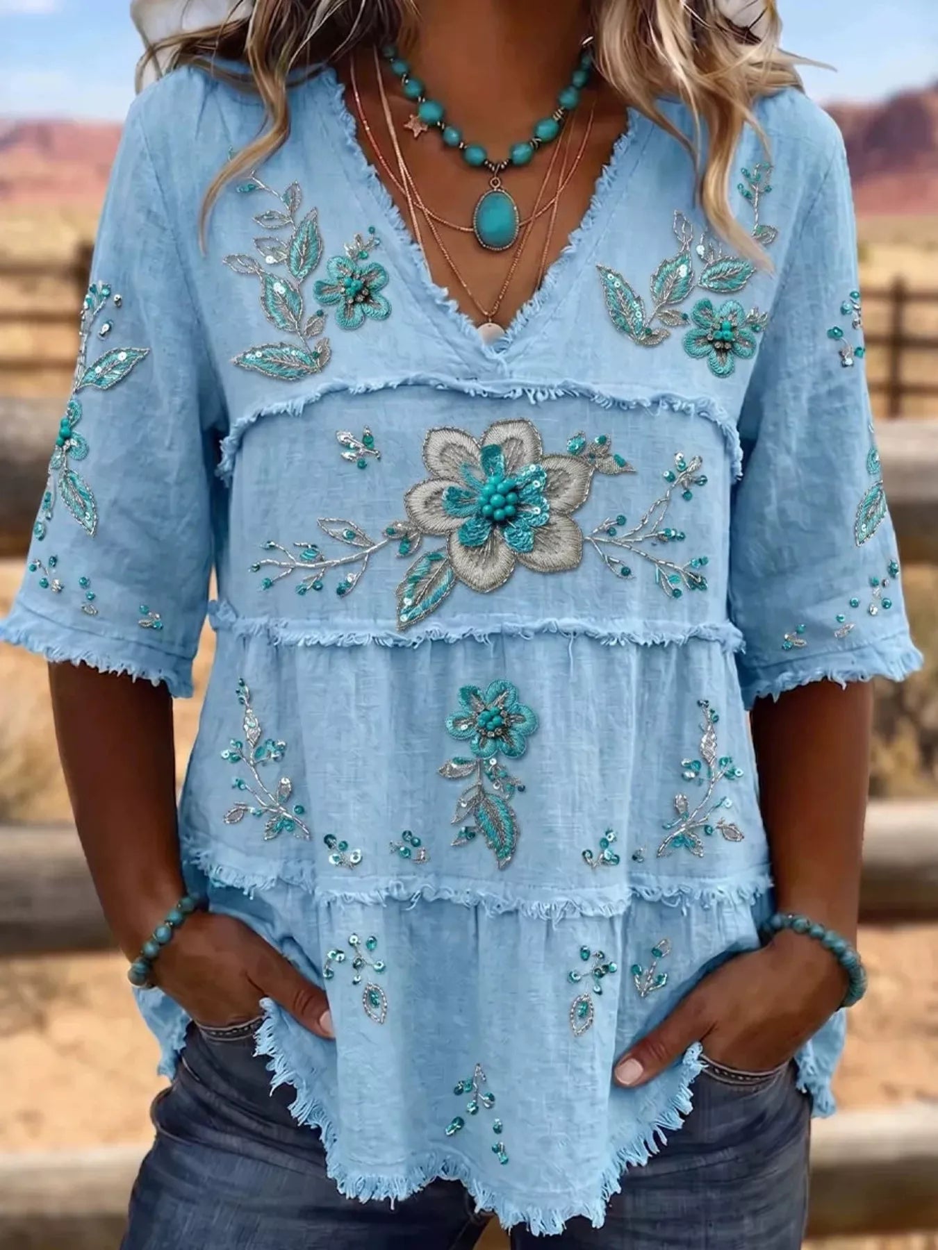 Trendsi Full Size Floral Raw Hem V-Neck Blouse Plus Size -