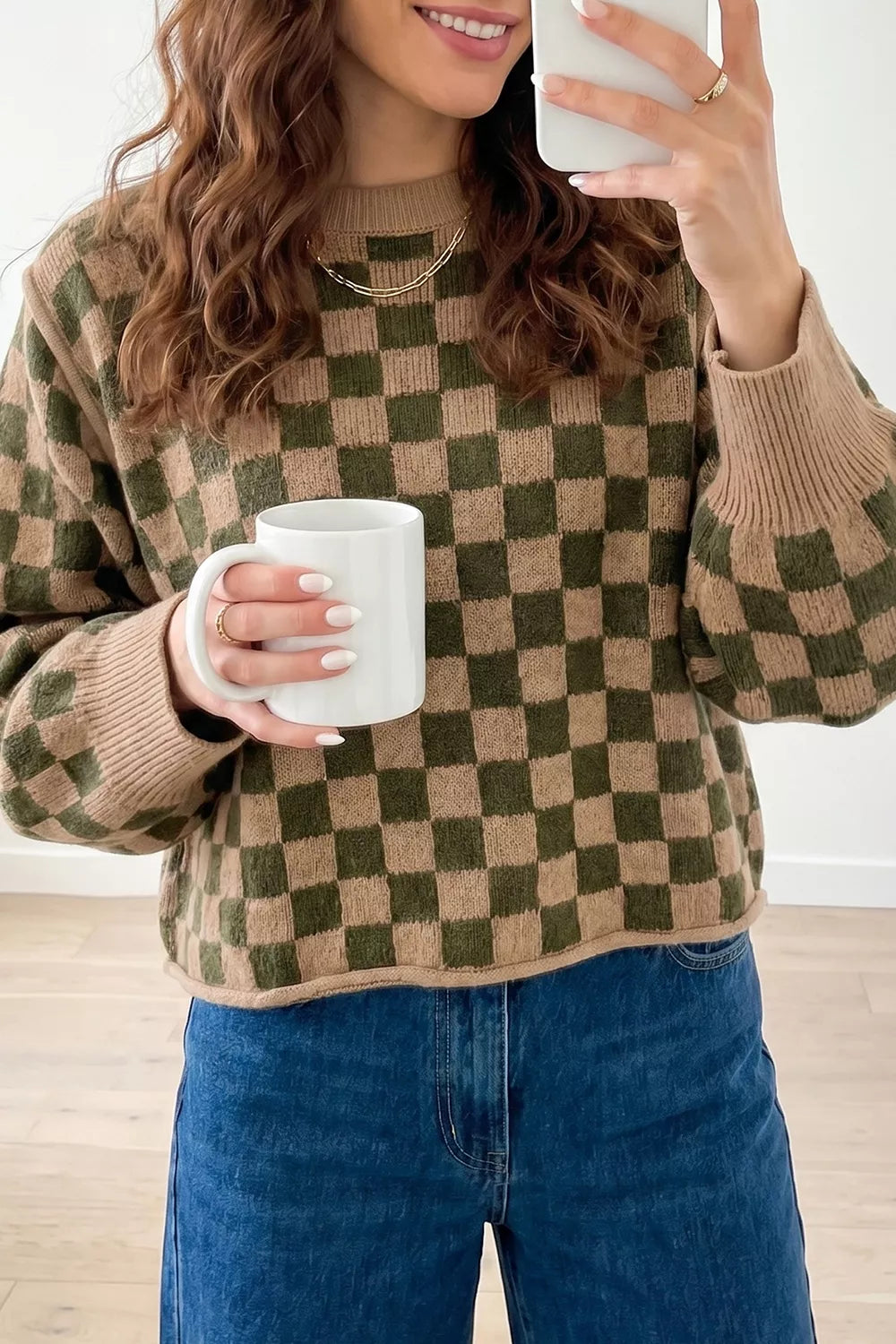Trendsi Multicolour Drop Shoulder Plaid Knit Long Sleeve Sweater -