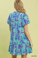 Trendsi Umgee Tropical Floral Puff Sleeve Tiered Mini Dress -