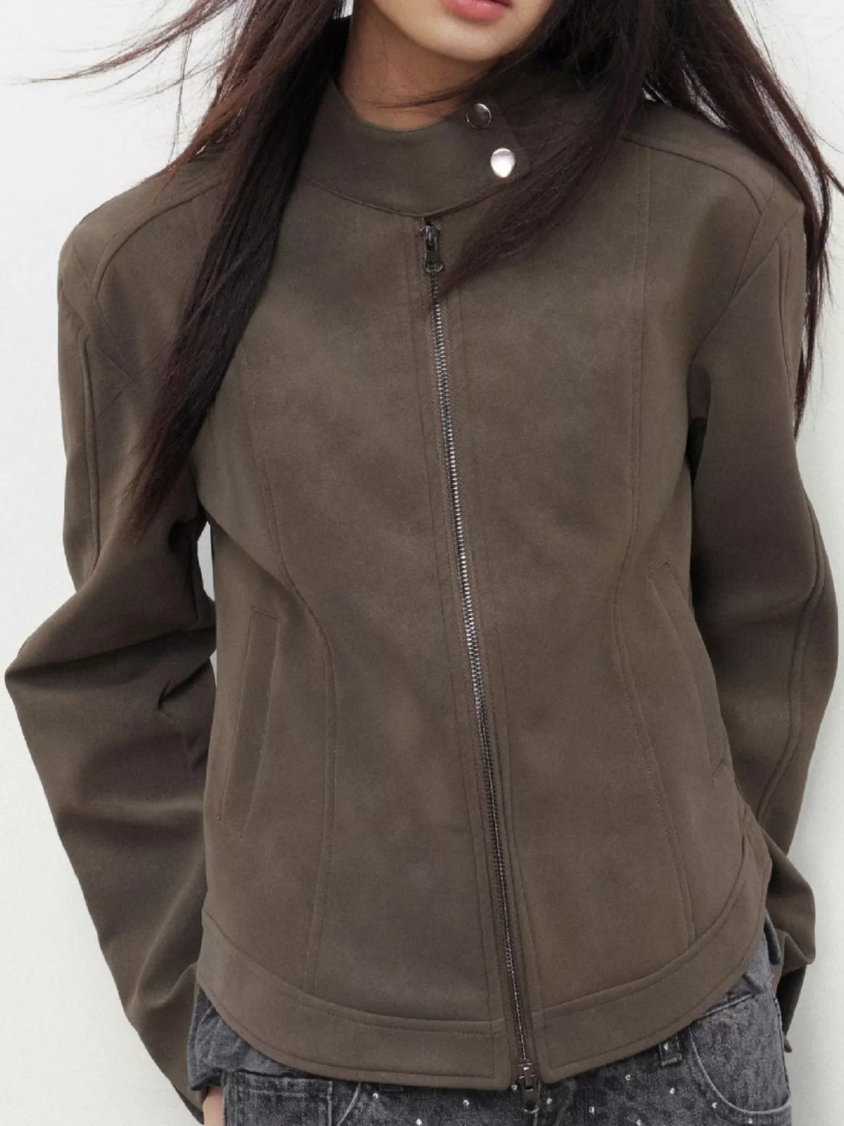 Women's Zip Up Cropped Jacket in brown — front view