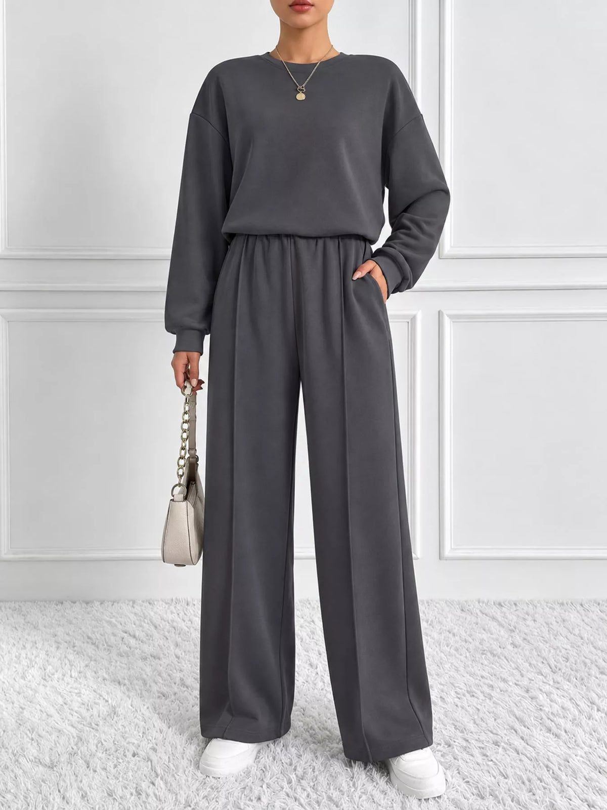 Charcoal oversized sweatshirt and wide-leg pants set — front view