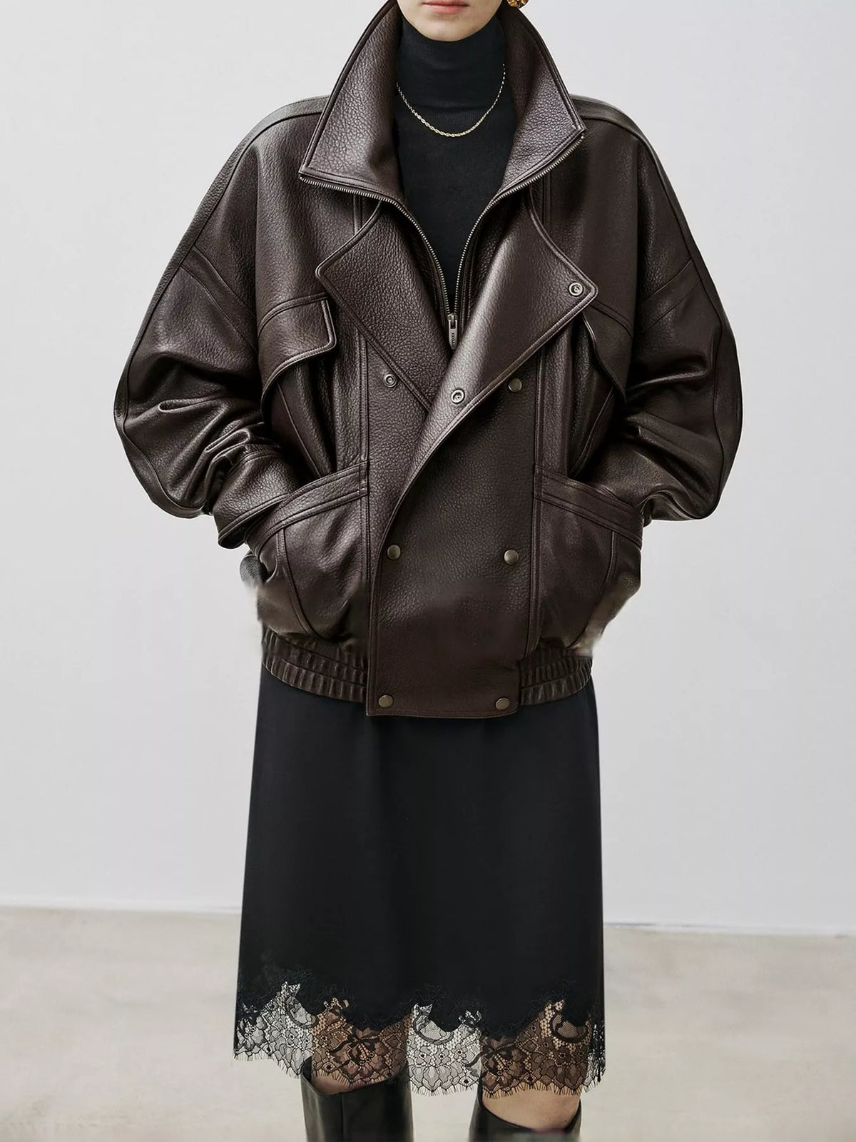 Snap Down Leather Jacket in dark brown, front view