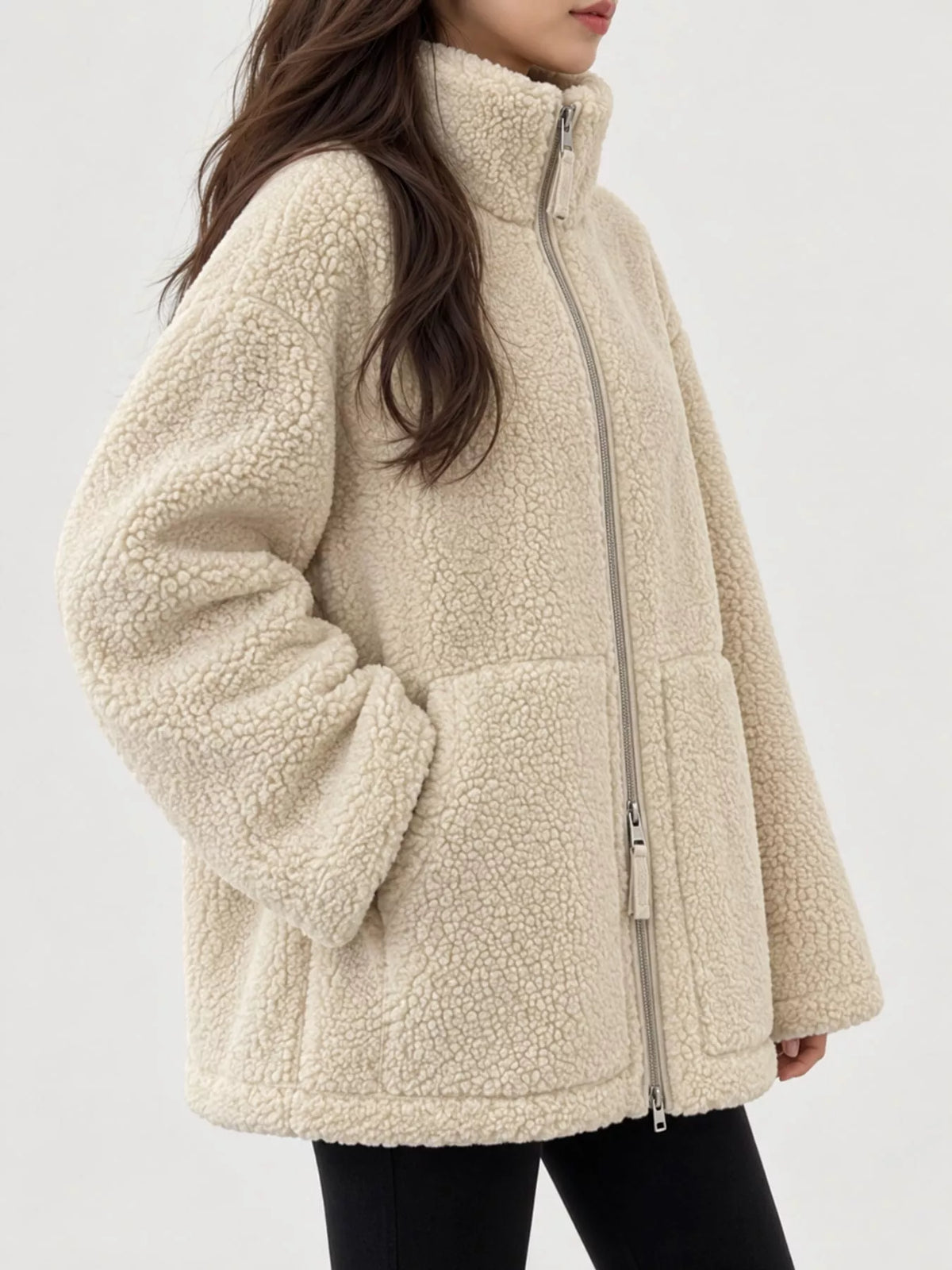 Cream sherpa zip-up jacket, side view