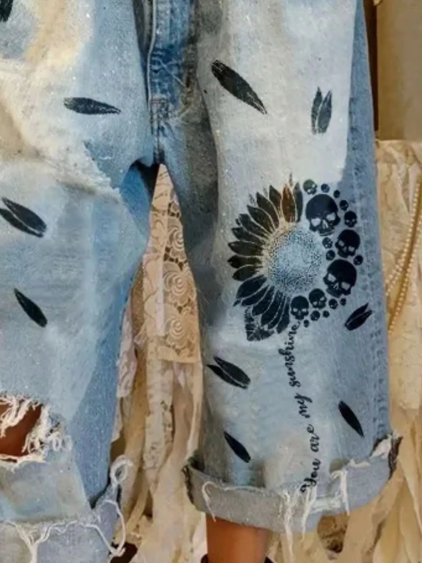 Trendsi Full Size Distressed Skull Print Jeans Plus Size -