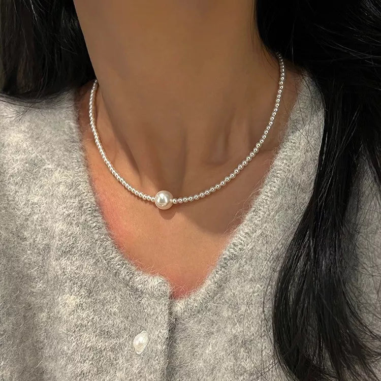 Women's Synthetic Pearl Bead Choker Necklace With Center Pearl