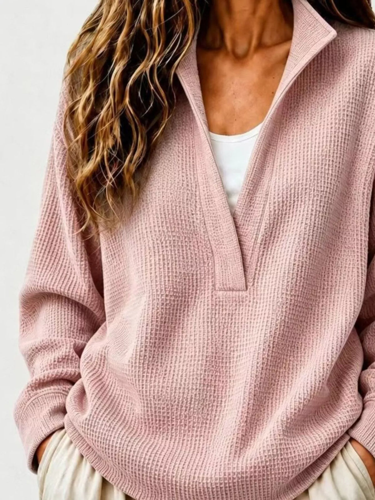 Dusty Pink Waffle Knit Dropped Shoulder Sweatshirt back view