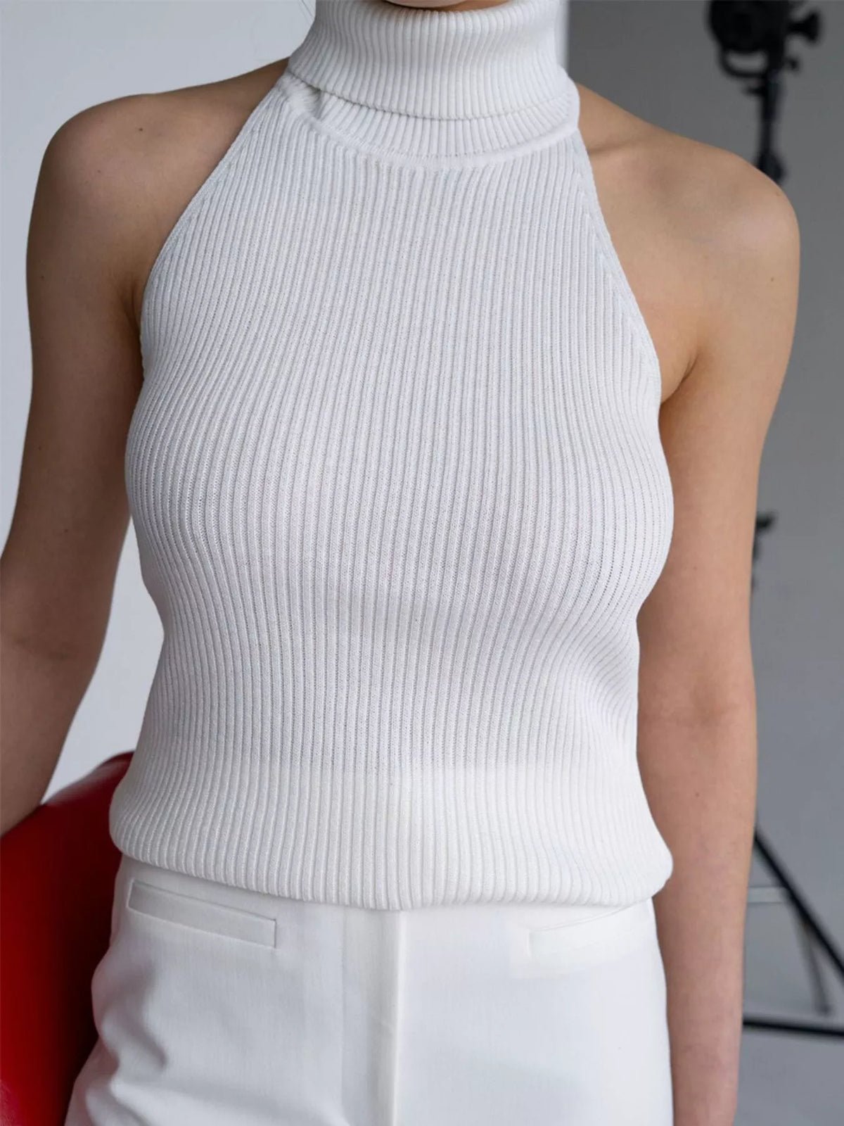 White ribbed halter-neck tank, front and neckline detail