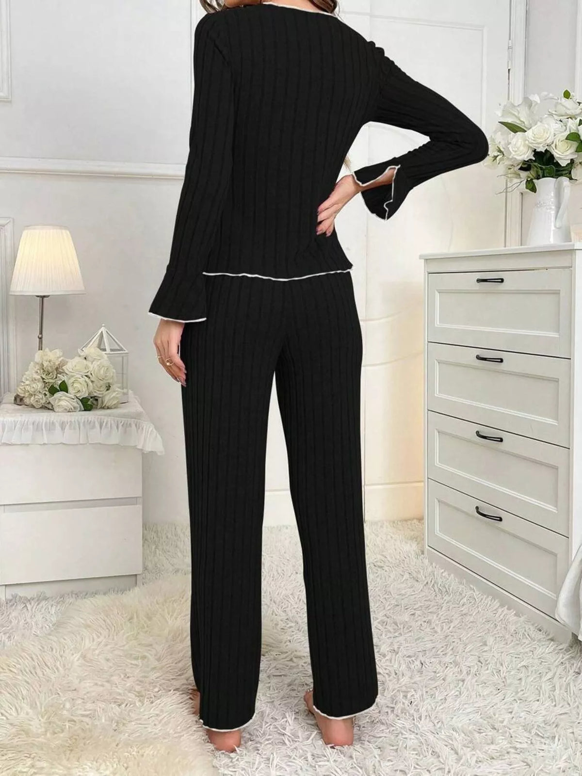 Women's Contrast Bow Detail Top and Pants Lounge Set in Black, alternate view