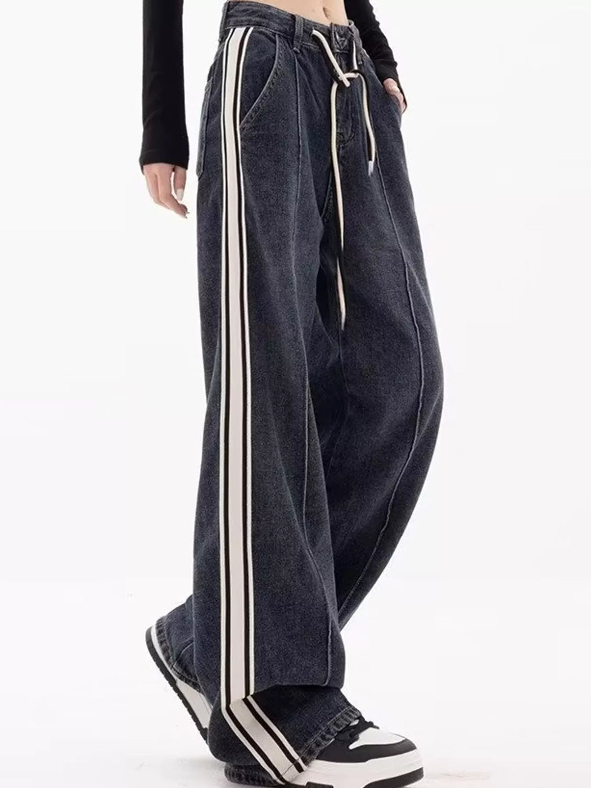 High-Waisted Wide-Leg Contrast Stripe Jeans, side view