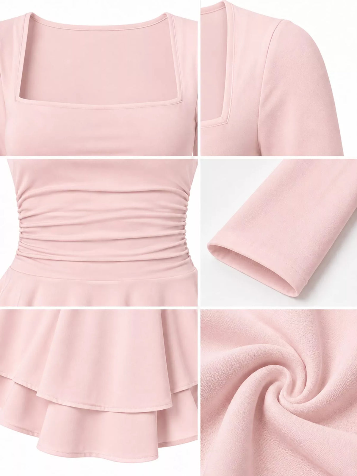 Square neck long sleeve mini dress, construction and design details