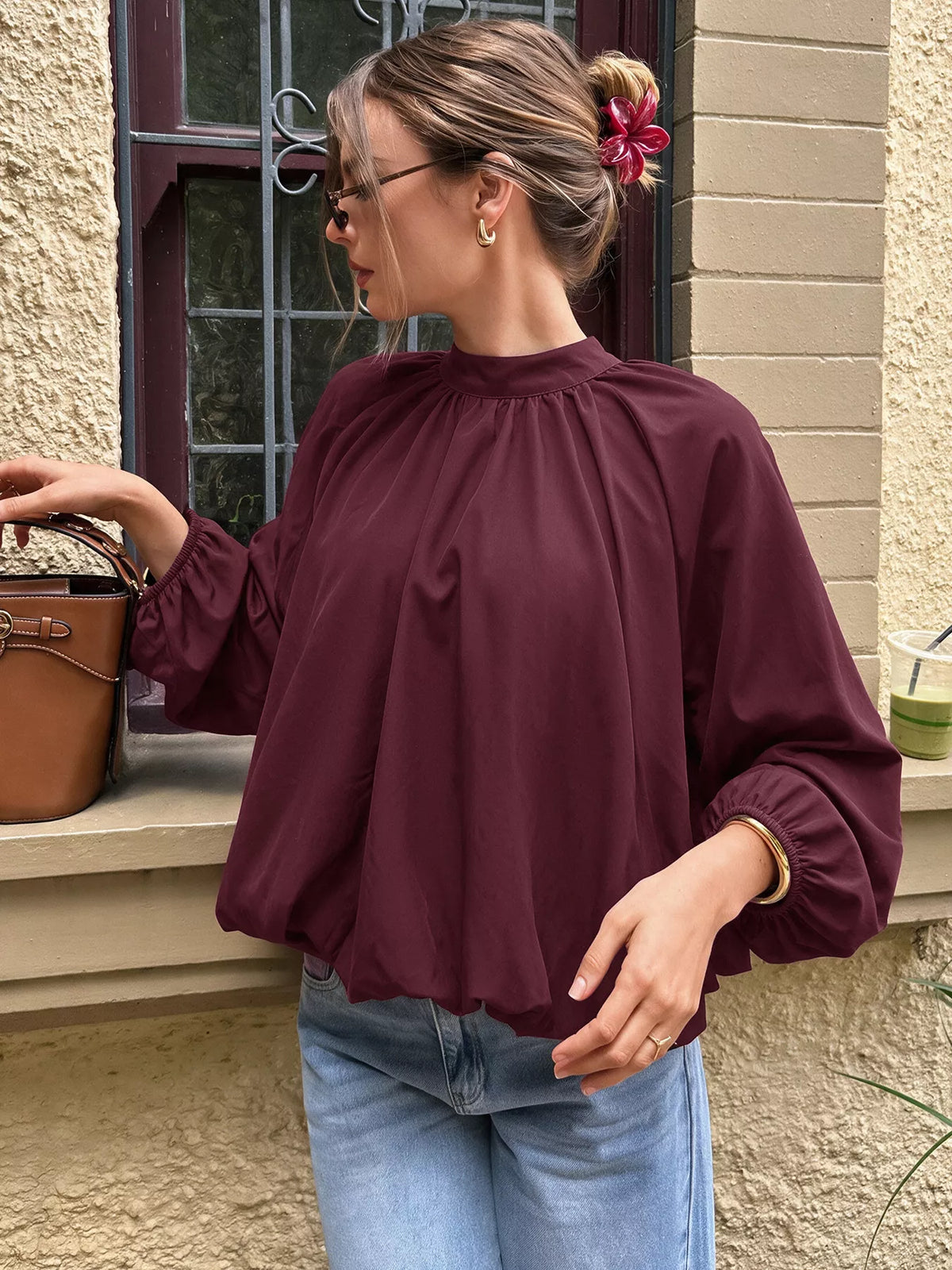 Trendsi Tie Back Balloon Sleeve Blouse -