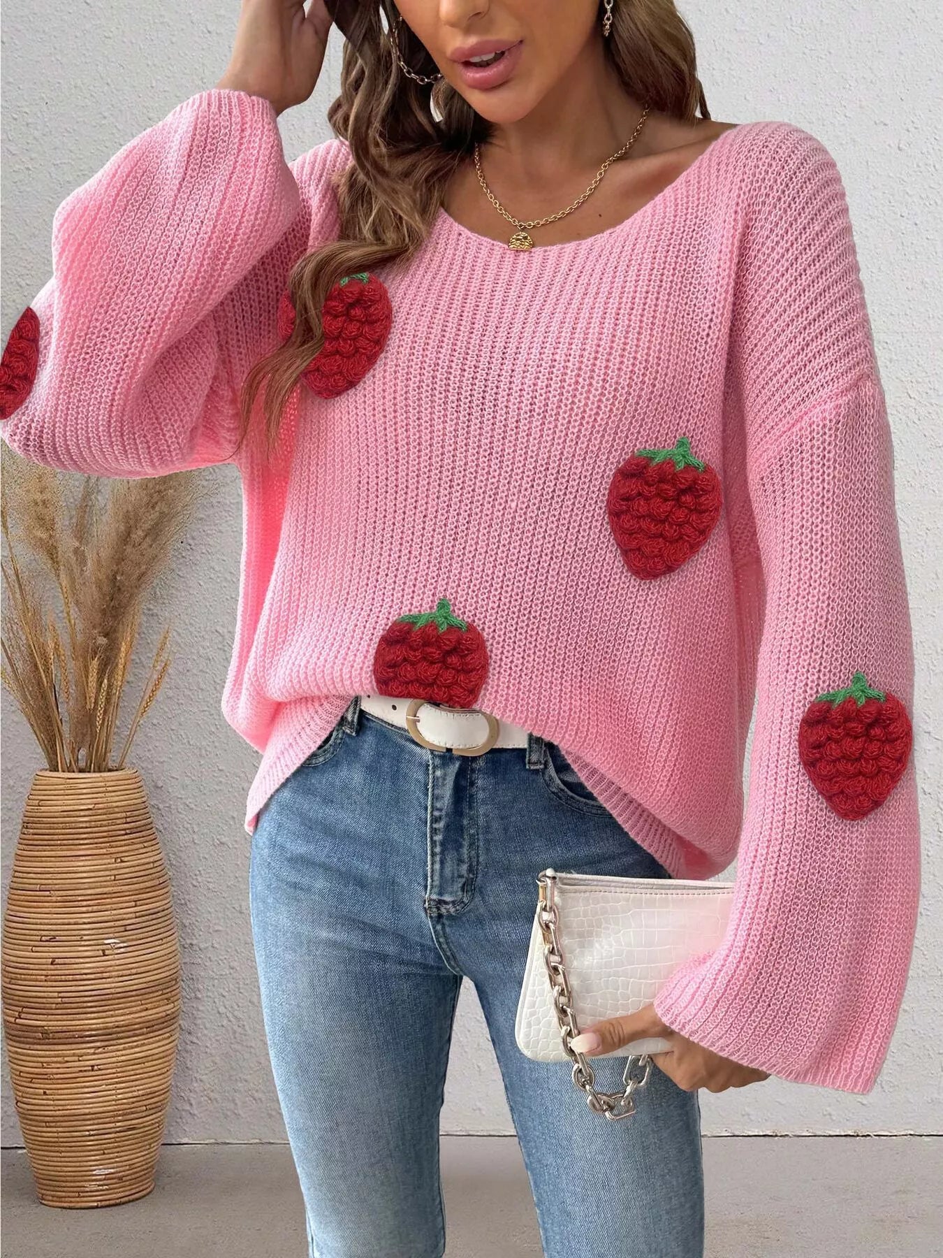Trendsi Strawberry Applique Oversized Sweater -