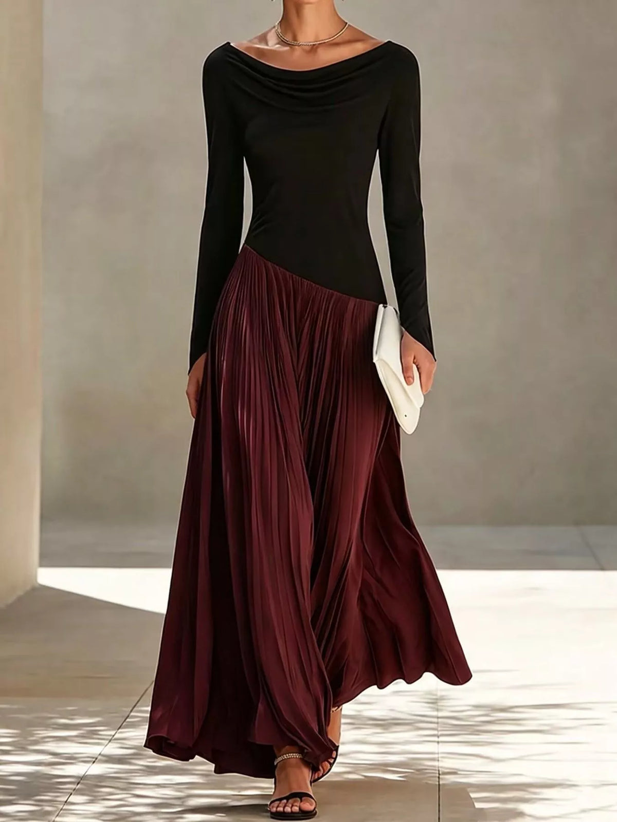 Cowl neck long sleeve maxi dress, front view on model