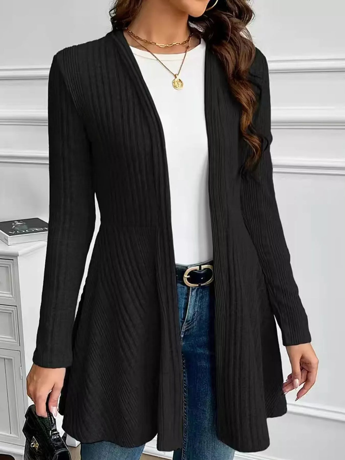Black ribbed knit open front cardigan