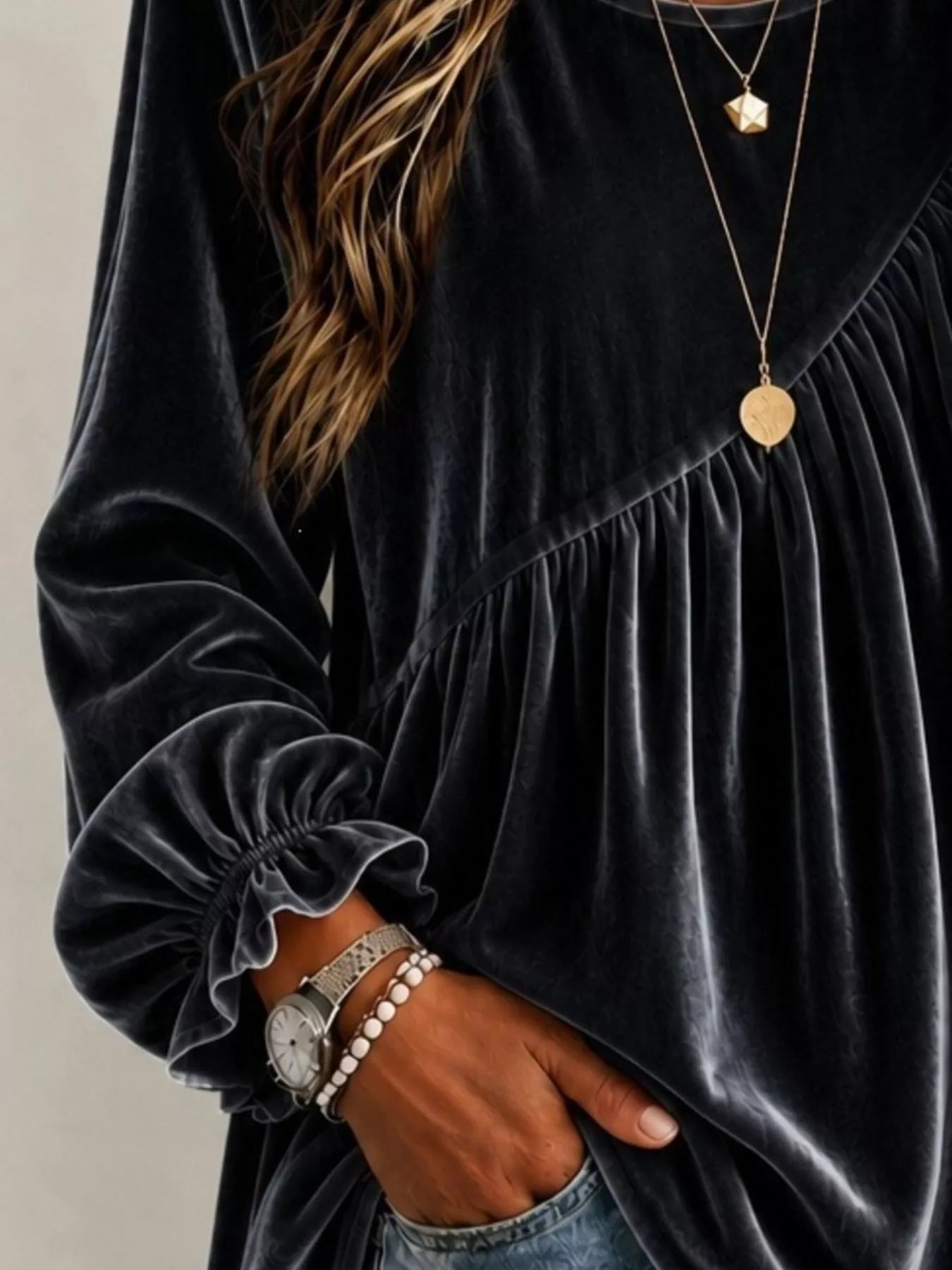 Trendsi Full Size Velvet Round Neck Long Sleeve Blouse Plus Size -