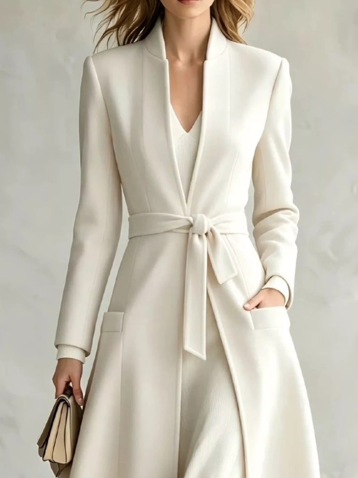 White tie waist long sleeve coat — design and construction details