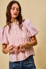 Trendsi SO ME Gingham Lace Trim Button Bubble Sleeves Blouse -