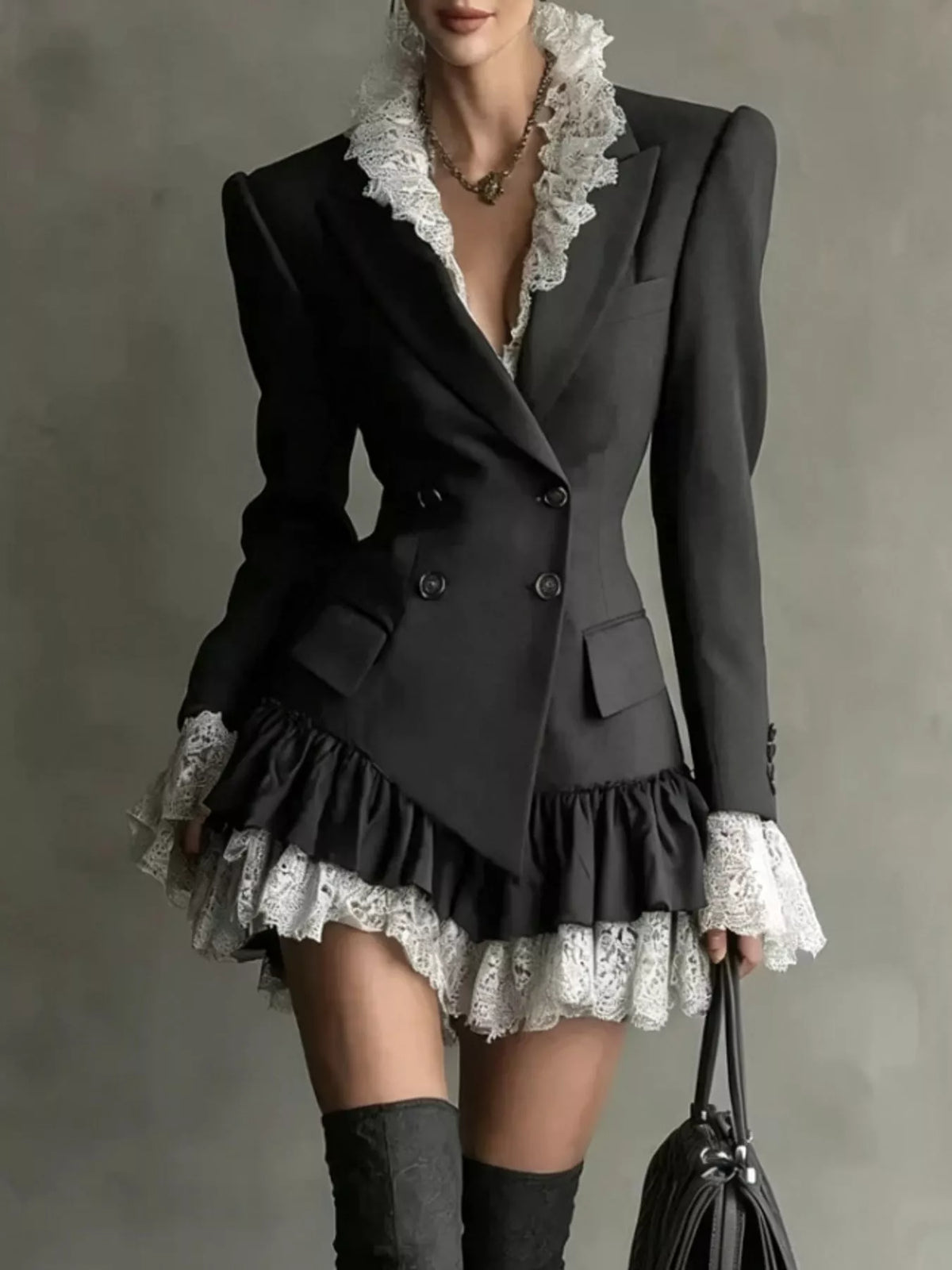 Black lace trim blazer dress, front view