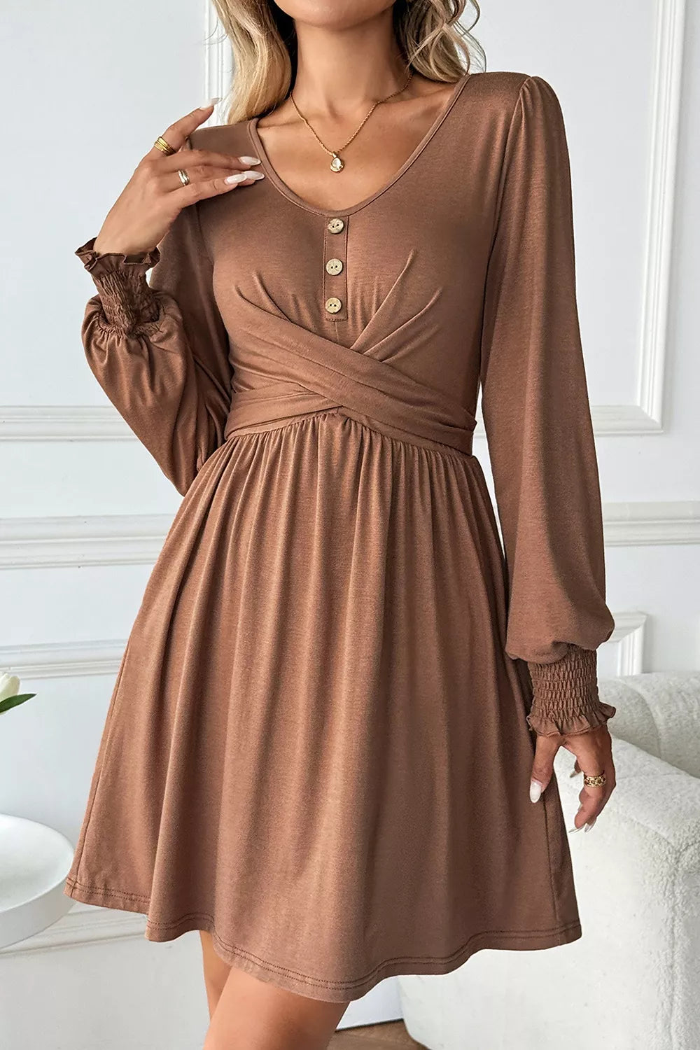 Trendsi Shirred Cuff Long Sleeve Button Round Neck Mini Dress -