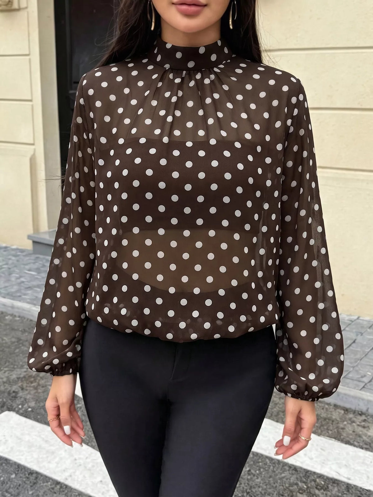 Trendsi Polka Dot Mock Neck Long Sleeve Blouse -