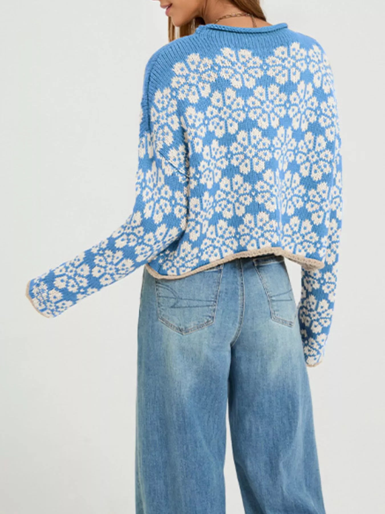 Trendsi Floral Contrast Trim Dropped Shoulder Sweater -