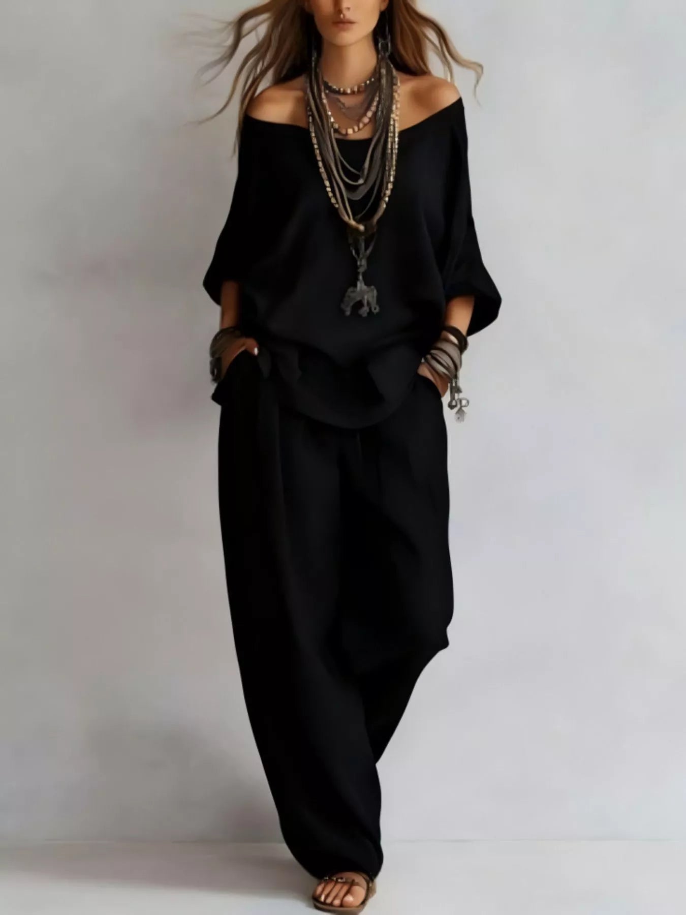 Trendsi Off-Shoulder Loose Fit Top and Pants Two-Piece Set -