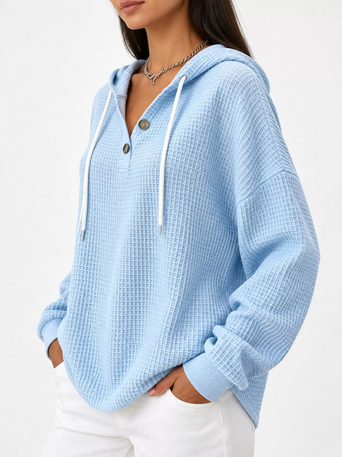 Waffle-knit hoodie, light blue side