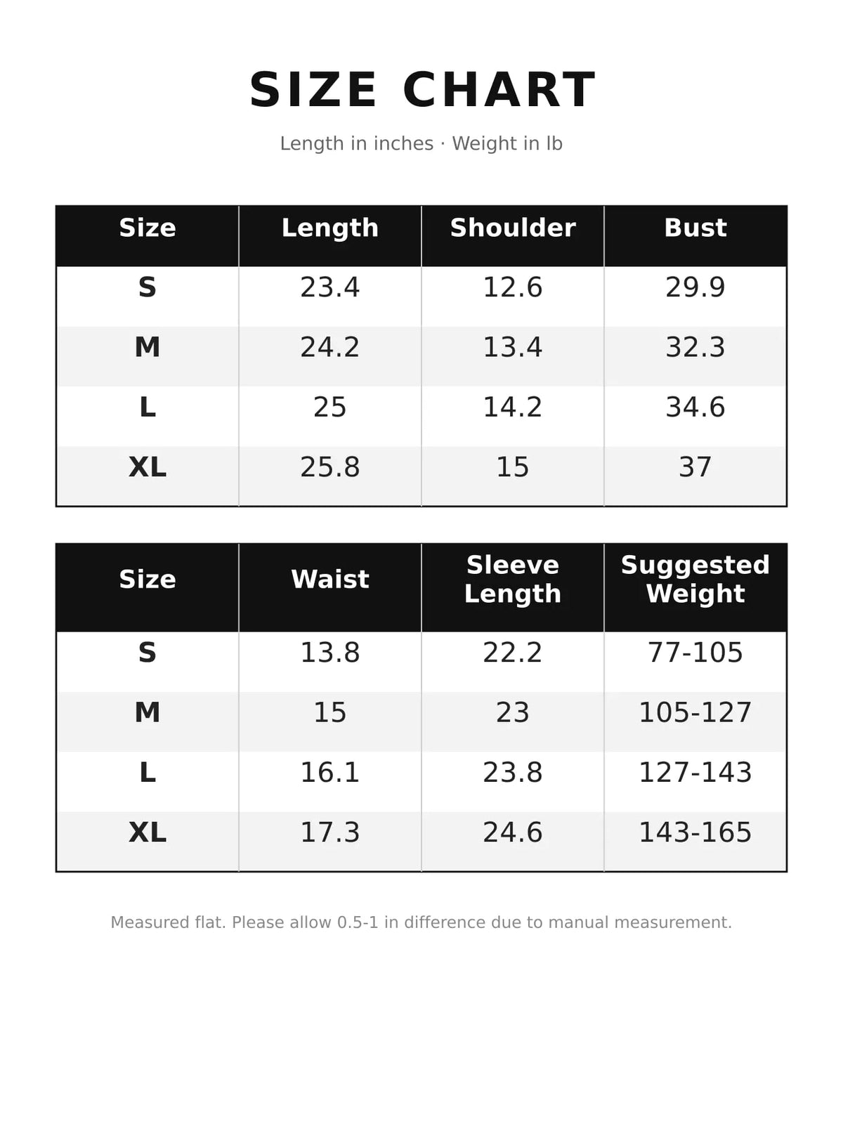 Size chart for mock neck long sleeve t-shirt
