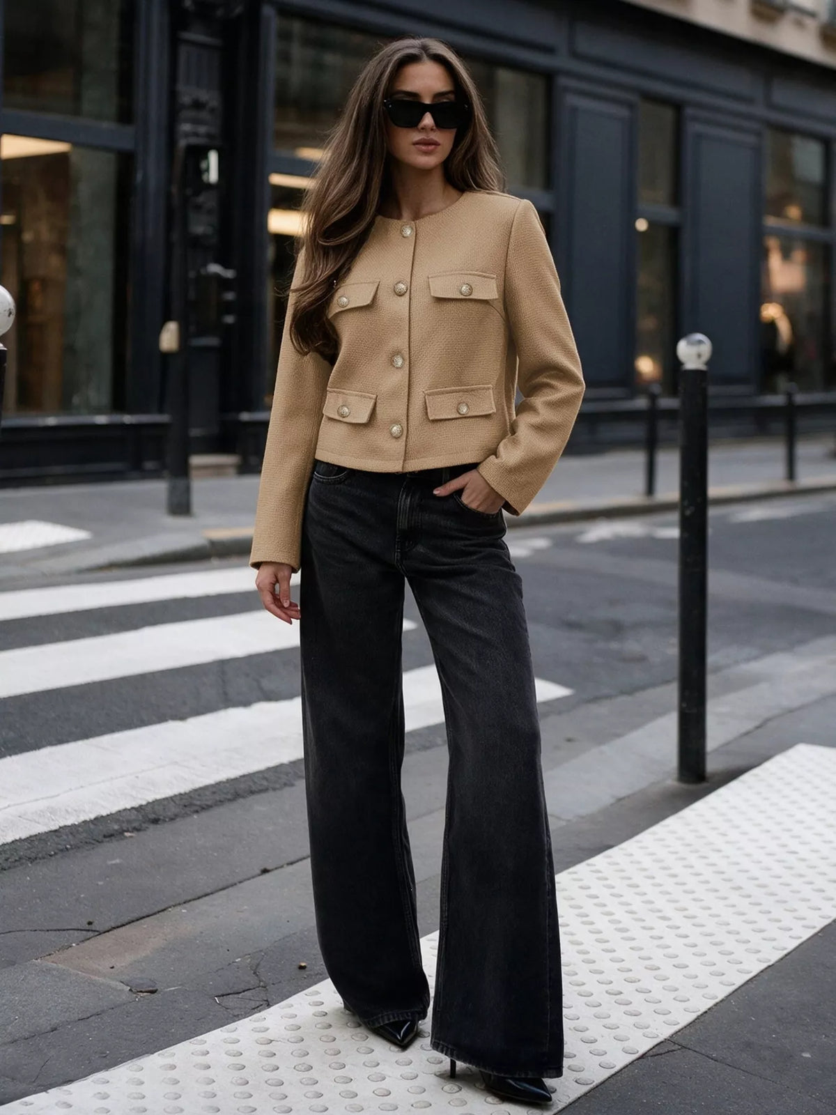 Tan textured cropped jacket with gold-tone buttons, full styled view