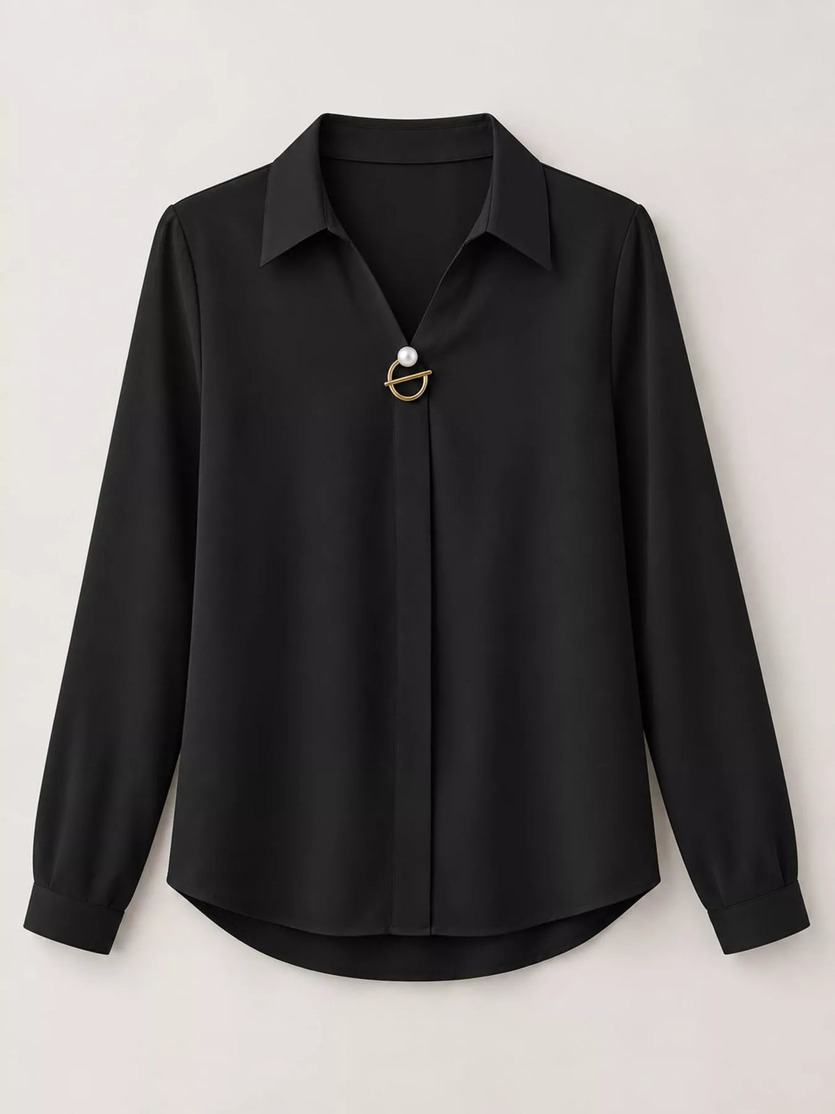 Women's Collared Clasp Detail Long Sleeve Satin Blouse in black — flat lay view
