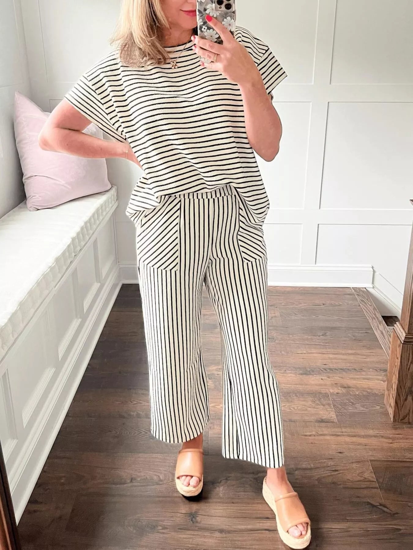 Trendsi Casual Striped Short Sleeve Top and Wide Leg Pants Two-Piece Set -