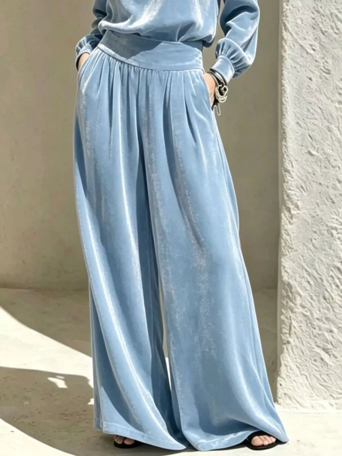 Blue velvet mock-neck top and pants set, pants detail