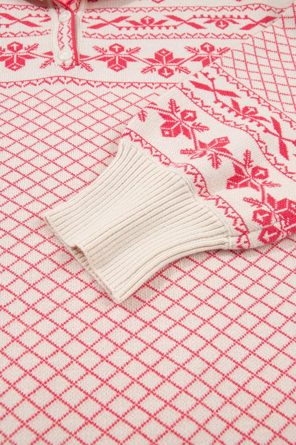 Pale Blush Fair Isle Quarter-Button Mock Neck Sweater cuff and knit detail