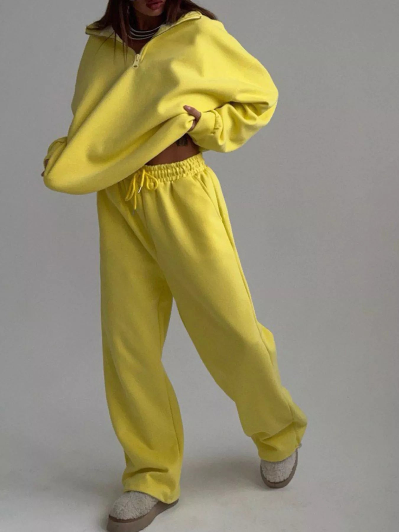 Trendsi Quarter-Zip Top and Wide-Leg Sweatpants Set -