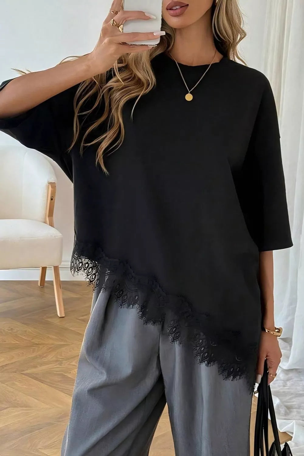 Trendsi Lace Asymmetrical Hem Round Neck T-Shirt -