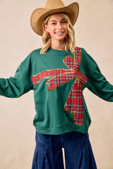 Trendsi BiBi Plaid Ribbon Bow Detail Christmas Fleece Pullover -