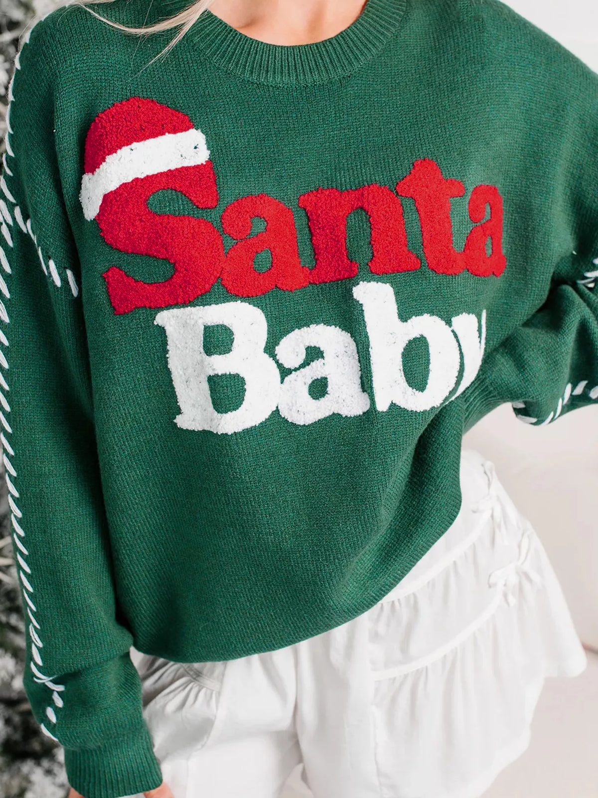 Santa Baby sweater, green embroidery front