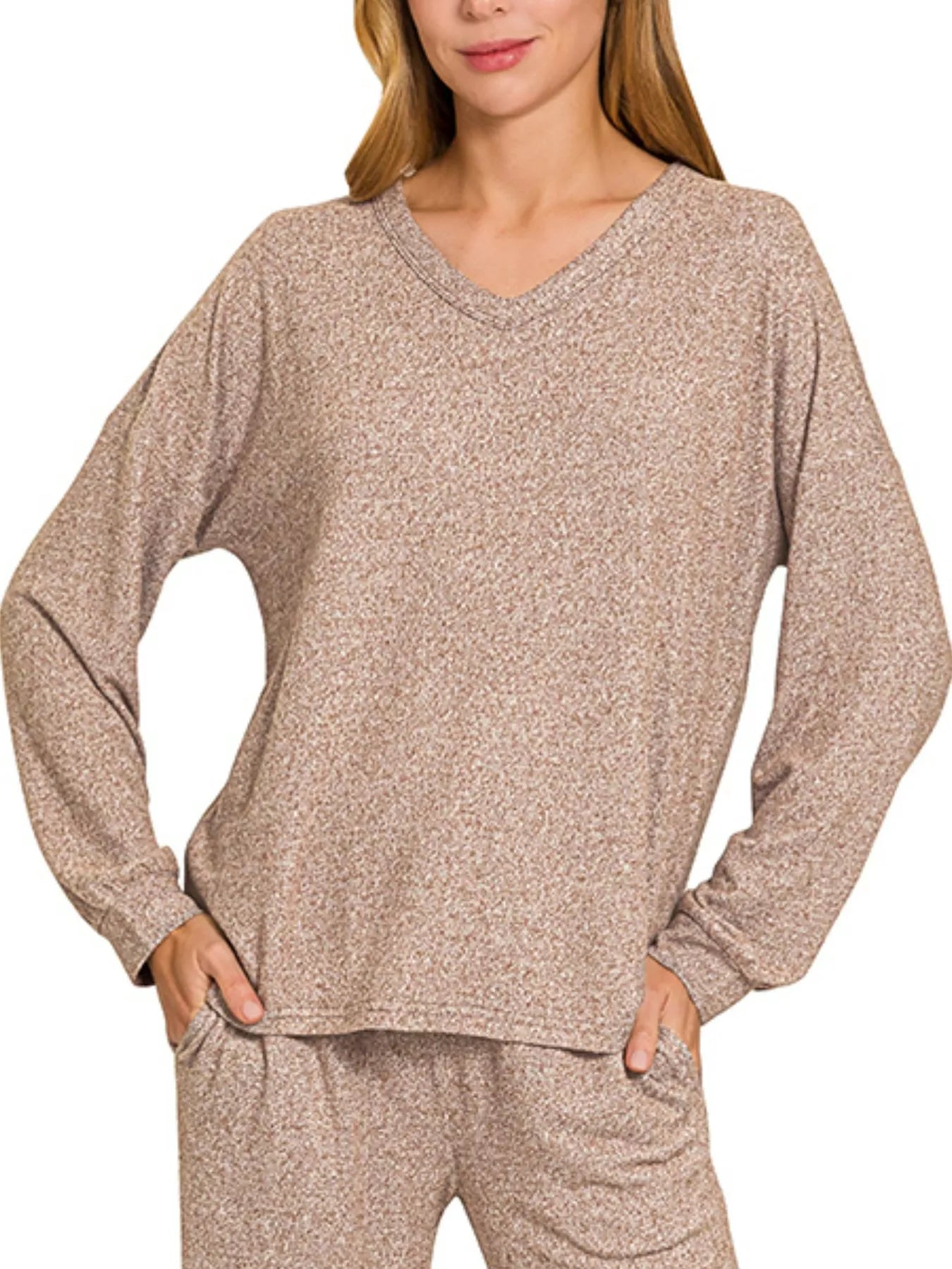 Women’s Sage Green Melange Knit Tee And Wide-Leg Pants Set Polyester