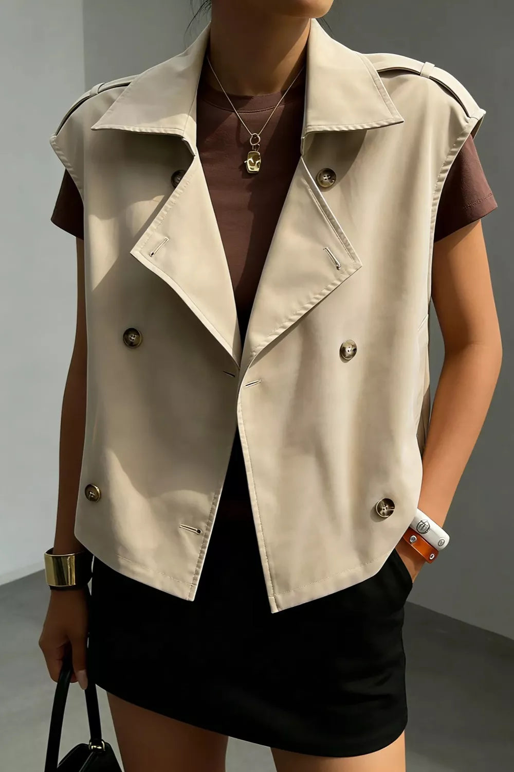 Trendsi Double-Breasted Cropped Trench Vest Coat -