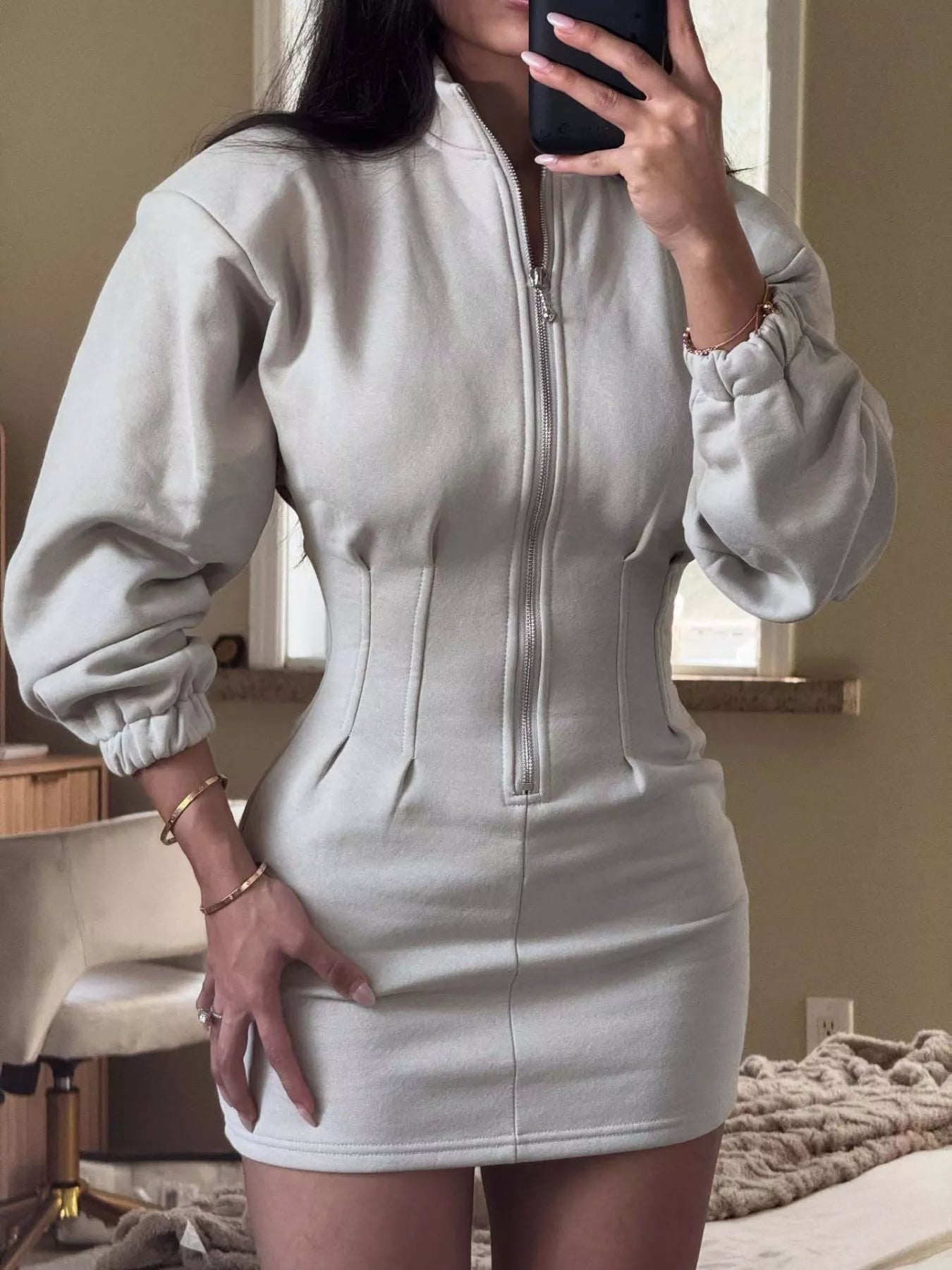Trendsi Casual Zip-Up Long Sleeve Mini Dress -