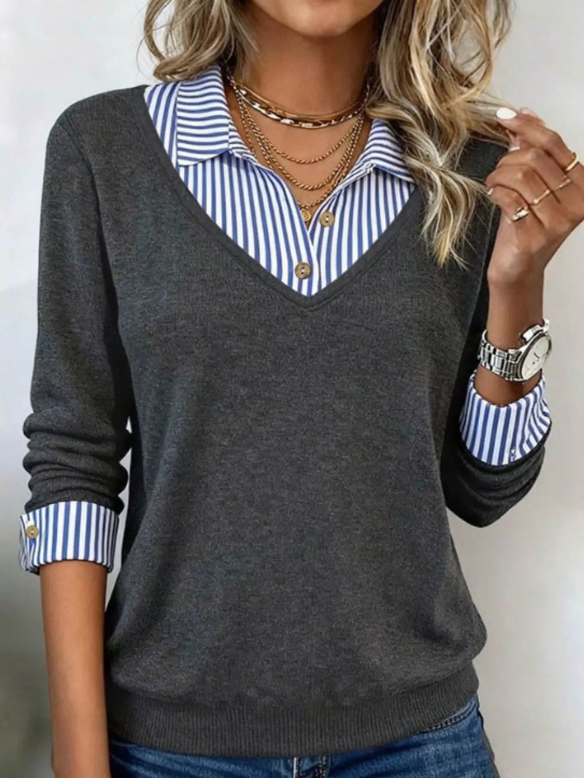 Women's Layered Look Striped Collar Long Sleeve Top in Dark Gray, front view